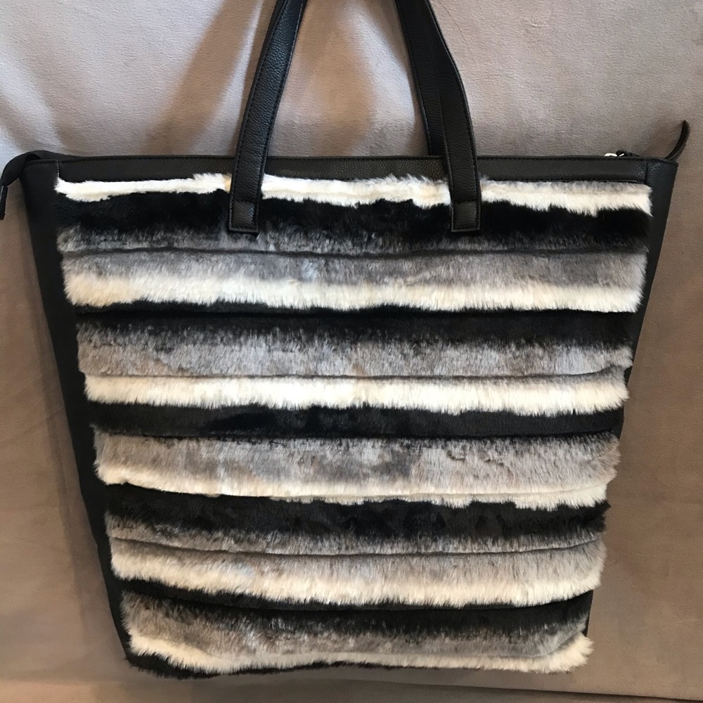 Adrienne Landau Faux Fur Striped Shopper Tote